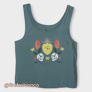 Volcom Tank Top XL Faded Green Teal Skull Rose Graphic Ribbed NWOT Grunge Skate